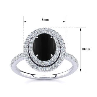 Black Onyx Ring: 1 1/2 Carat Oval Shape Black Onyx and Double Halo Diamond Ring In Sterling Silver