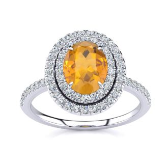Citrine Ring: 1 1/2 Carat Oval Shape Citrine and Double Halo Diamond Ring In Sterling Silver