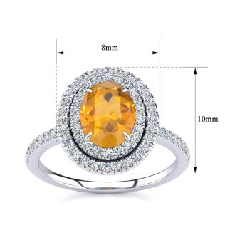 Citrine Ring: 1 1/2 Carat Oval Shape Citrine and Double Halo Diamond Ring In Sterling Silver
