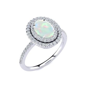 Opal Ring: 1 1/2 Carat Oval Shape Created Opal and Double Halo Diamond Ring In Sterling Silver