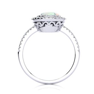 Opal Ring: 1 1/2 Carat Oval Shape Created Opal and Double Halo Diamond Ring In Sterling Silver