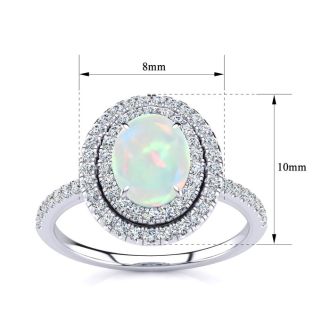 Opal Ring: 1 1/2 Carat Oval Shape Created Opal and Double Halo Diamond Ring In Sterling Silver