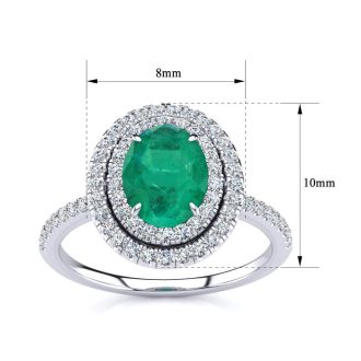 Emerald Ring: 1 1/2 Carat Oval Shape Created Emerald and Double Halo Diamond Ring In Sterling Silver