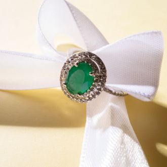 Emerald Ring: 1 1/2 Carat Oval Shape Created Emerald and Double Halo Diamond Ring In Sterling Silver