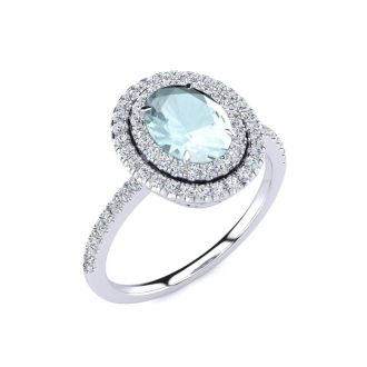 Aquamarine Ring: 1 1/2 Carat Oval Shape Aquamarine and Double Halo Diamond Ring In Sterling Silver