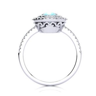 Aquamarine Ring: 1 1/2 Carat Oval Shape Aquamarine and Double Halo Diamond Ring In Sterling Silver