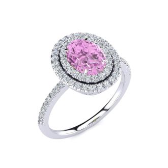 Pink Sapphire Ring: 1 1/2 Carat Oval Shape Created Pink Sapphire and Double Halo Diamond Ring In Sterling Silver