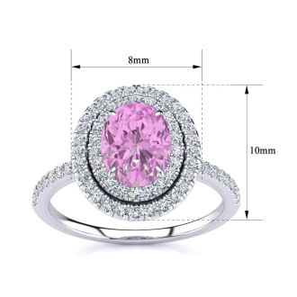 Pink Sapphire Ring: 1 1/2 Carat Oval Shape Created Pink Sapphire and Double Halo Diamond Ring In Sterling Silver