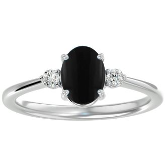 Black Onyx Ring: 1 1/3 Carat Oval Shape Black Onyx and Two Diamond Ring In Sterling Silver