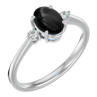 Black Onyx Ring: 1 1/3 Carat Oval Shape Black Onyx and Two Diamond Ring In Sterling Silver
