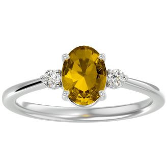 Citrine Ring: 1 1/3 Carat Oval Shape Citrine and Two Diamond Ring In Sterling Silver