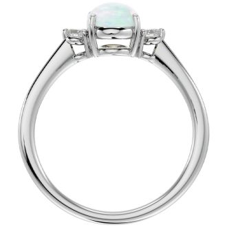 Opal Ring: 1 1/3 Carat Oval Shape Created Opal and Two Diamond Ring In Sterling Silver