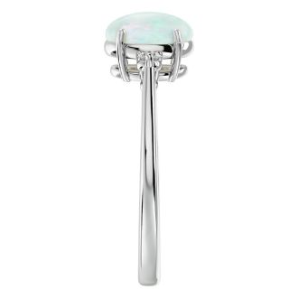Opal Ring: 1 1/3 Carat Oval Shape Created Opal and Two Diamond Ring In Sterling Silver