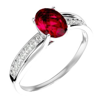Ruby Ring: 1 1/2 Carat Oval Shape Created Ruby and Diamond Ring In Sterling Silver