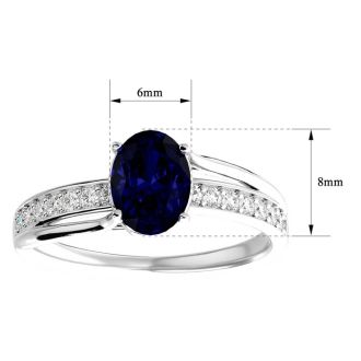 Sapphire Ring: 1 1/2 Carat Oval Shape Created Sapphire and Diamond Ring In Sterling Silver