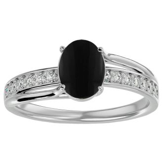 Black Onyx Ring: 1 1/2 Carat Oval Shape Black Onyx and Diamond Ring In Sterling Silver