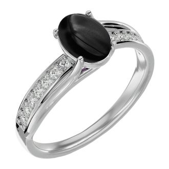 Black Onyx Ring: 1 1/2 Carat Oval Shape Black Onyx and Diamond Ring In Sterling Silver