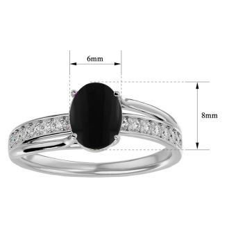 Black Onyx Ring: 1 1/2 Carat Oval Shape Black Onyx and Diamond Ring In Sterling Silver