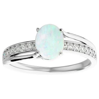 Opal Ring: 1 1/2 Carat Oval Shape Created Opal and Diamond Ring In Sterling Silver