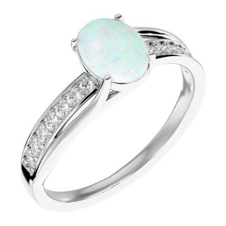 Opal Ring: 1 1/2 Carat Oval Shape Created Opal and Diamond Ring In Sterling Silver