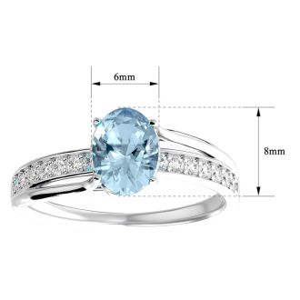 Aquamarine Ring: 1 1/2 Carat Oval Shape Aquamarine and Diamond Ring In Sterling Silver