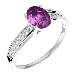 Pink Sapphire Ring: 1 1/2 Carat Oval Shape Created Pink Sapphire and Diamond Ring In Sterling Silver
