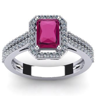 Ruby Ring: 1 1/2 Carat Octagon Shape Created Ruby and Halo Diamond Ring In Sterling Silver