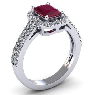 Ruby Ring: 1 1/2 Carat Octagon Shape Created Ruby and Halo Diamond Ring In Sterling Silver