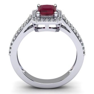 Ruby Ring: 1 1/2 Carat Octagon Shape Created Ruby and Halo Diamond Ring In Sterling Silver
