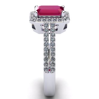 Ruby Ring: 1 1/2 Carat Octagon Shape Created Ruby and Halo Diamond Ring In Sterling Silver