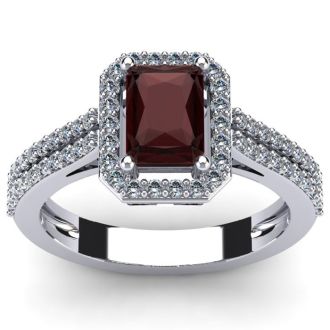 Garnet Ring: 1 1/2 Carat Octagon Shape Garnet and Halo Diamond Ring In Sterling Silver