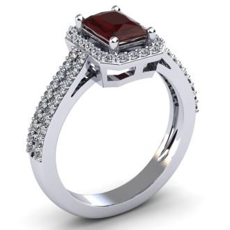 Garnet Ring: 1 1/2 Carat Octagon Shape Garnet and Halo Diamond Ring In Sterling Silver