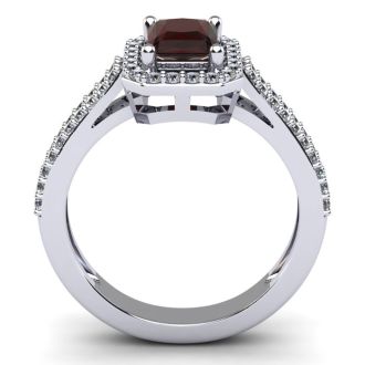 Garnet Ring: 1 1/2 Carat Octagon Shape Garnet and Halo Diamond Ring In Sterling Silver