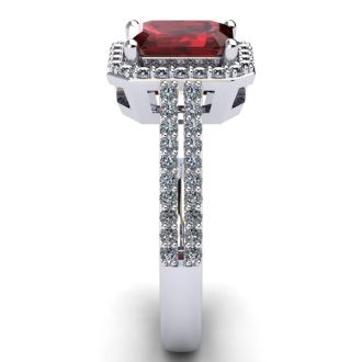 Garnet Ring: 1 1/2 Carat Octagon Shape Garnet and Halo Diamond Ring In Sterling Silver