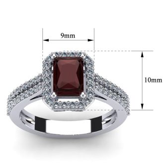 Garnet Ring: 1 1/2 Carat Octagon Shape Garnet and Halo Diamond Ring In Sterling Silver