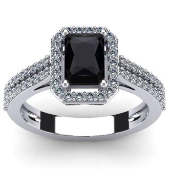 Black Onyx Ring: 1 1/2 Carat Octagon Shape Black Onyx and Halo Diamond Ring In Sterling Silver