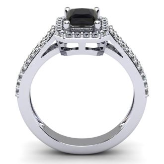 Black Onyx Ring: 1 1/2 Carat Octagon Shape Black Onyx and Halo Diamond Ring In Sterling Silver