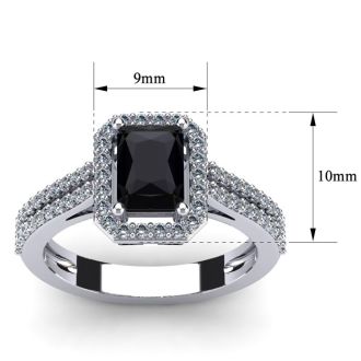 Black Onyx Ring: 1 1/2 Carat Octagon Shape Black Onyx and Halo Diamond Ring In Sterling Silver