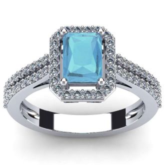 Aquamarine Ring: 1 1/2 Carat Octagon Shape Aquamarine and Halo Diamond Ring In Sterling Silver
