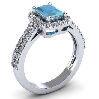 Aquamarine Ring: 1 1/2 Carat Octagon Shape Aquamarine and Halo Diamond Ring In Sterling Silver