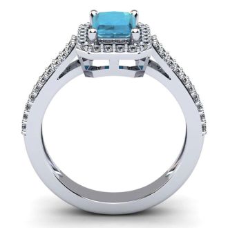 Aquamarine Ring: 1 1/2 Carat Octagon Shape Aquamarine and Halo Diamond Ring In Sterling Silver