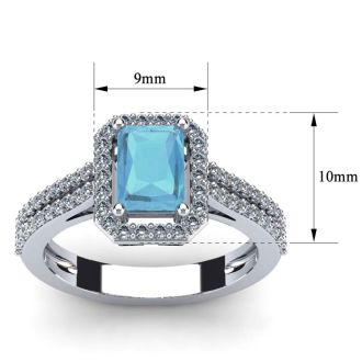 Aquamarine Ring: 1 1/2 Carat Octagon Shape Aquamarine and Halo Diamond Ring In Sterling Silver