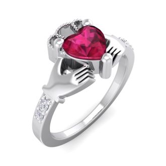 Ruby Ring: 1 Carat Heart Shape Created Ruby and Diamond Claddagh Ring In Sterling Silver