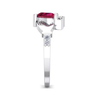 Ruby Ring: 1 Carat Heart Shape Created Ruby and Diamond Claddagh Ring In Sterling Silver