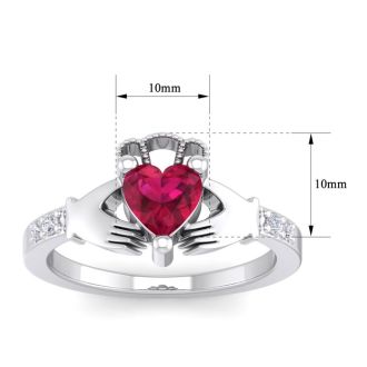 Ruby Ring: 1 Carat Heart Shape Created Ruby and Diamond Claddagh Ring In Sterling Silver