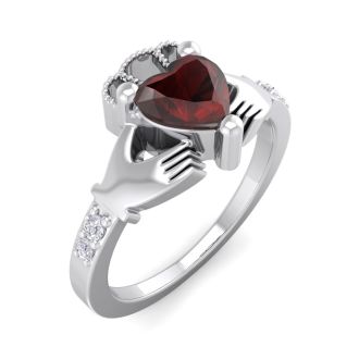 Garnet Ring: 1 Carat Heart Shape Garnet and Diamond Claddagh Ring In Sterling Silver