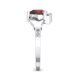 Garnet Ring: 1 Carat Heart Shape Garnet and Diamond Claddagh Ring In Sterling Silver