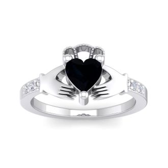 Black Onyx Ring: 1 Carat Heart Shape Black Onyx and Diamond Claddagh Ring In Sterling Silver
