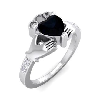 Black Onyx Ring: 1 Carat Heart Shape Black Onyx and Diamond Claddagh Ring In Sterling Silver