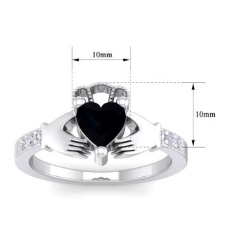 Black Onyx Ring: 1 Carat Heart Shape Black Onyx and Diamond Claddagh Ring In Sterling Silver